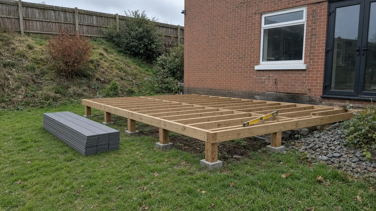 Example image: composite deck frame being built on a slope with adjustable posts