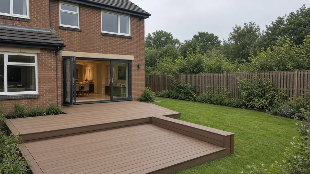 Example image: two-level composite deck with a built-in bench beside a detached house