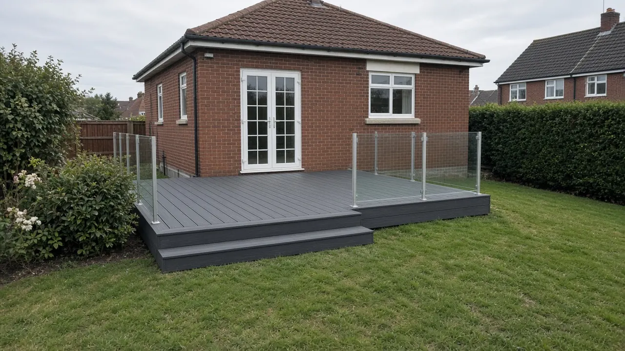 Example image: grey composite deck stepping down from a 1930s semi into a sloping garden