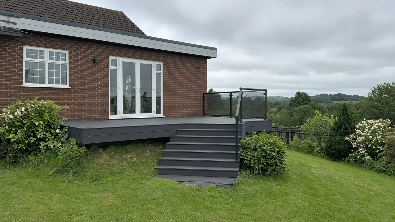 Example image: raised composite deck over a steep garden with steps down to the lawn