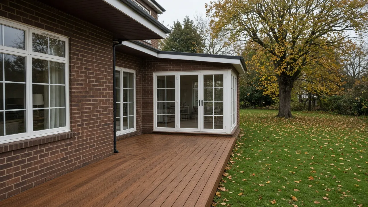 Example image: oiled hardwood deck outside a detached house with a lawn beyond