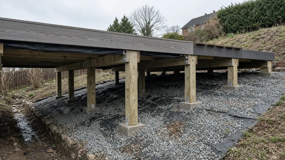 Example image: underside of a raised deck with gravel and a drainage channel on clay ground