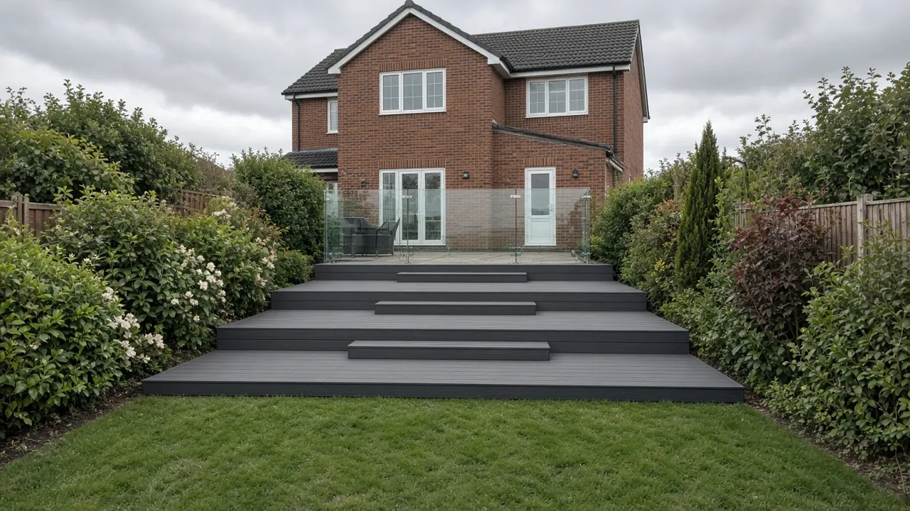 Example image: stepped composite decks following a sloping garden in three levels